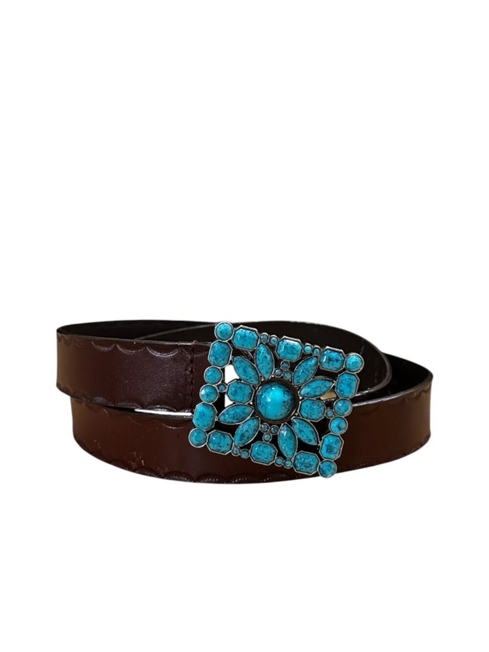 Brown Genuine Leather Western Belt with Turquoise Stone